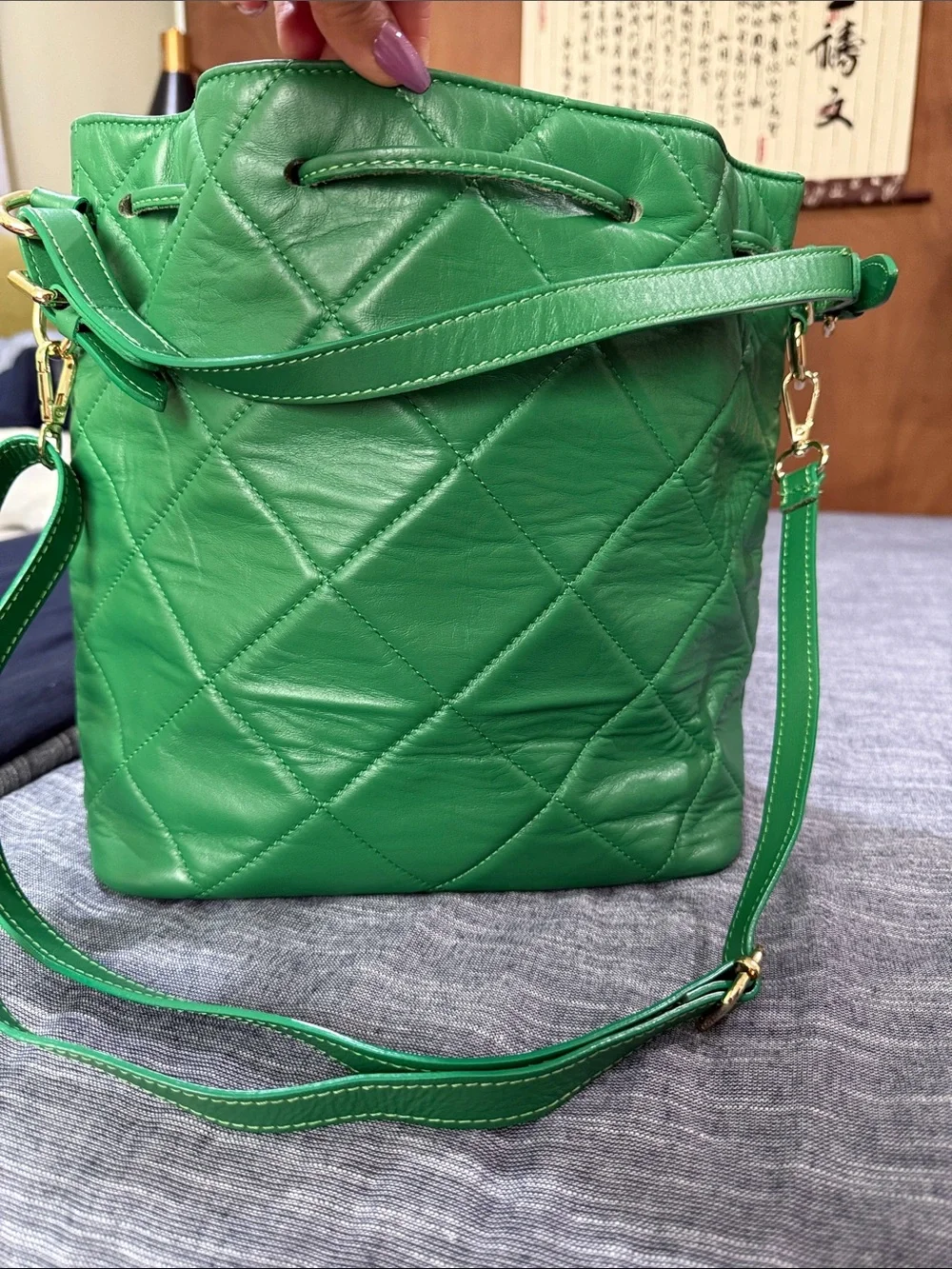 Green genuine Leather bucket Tote with Italian Craftsmanship